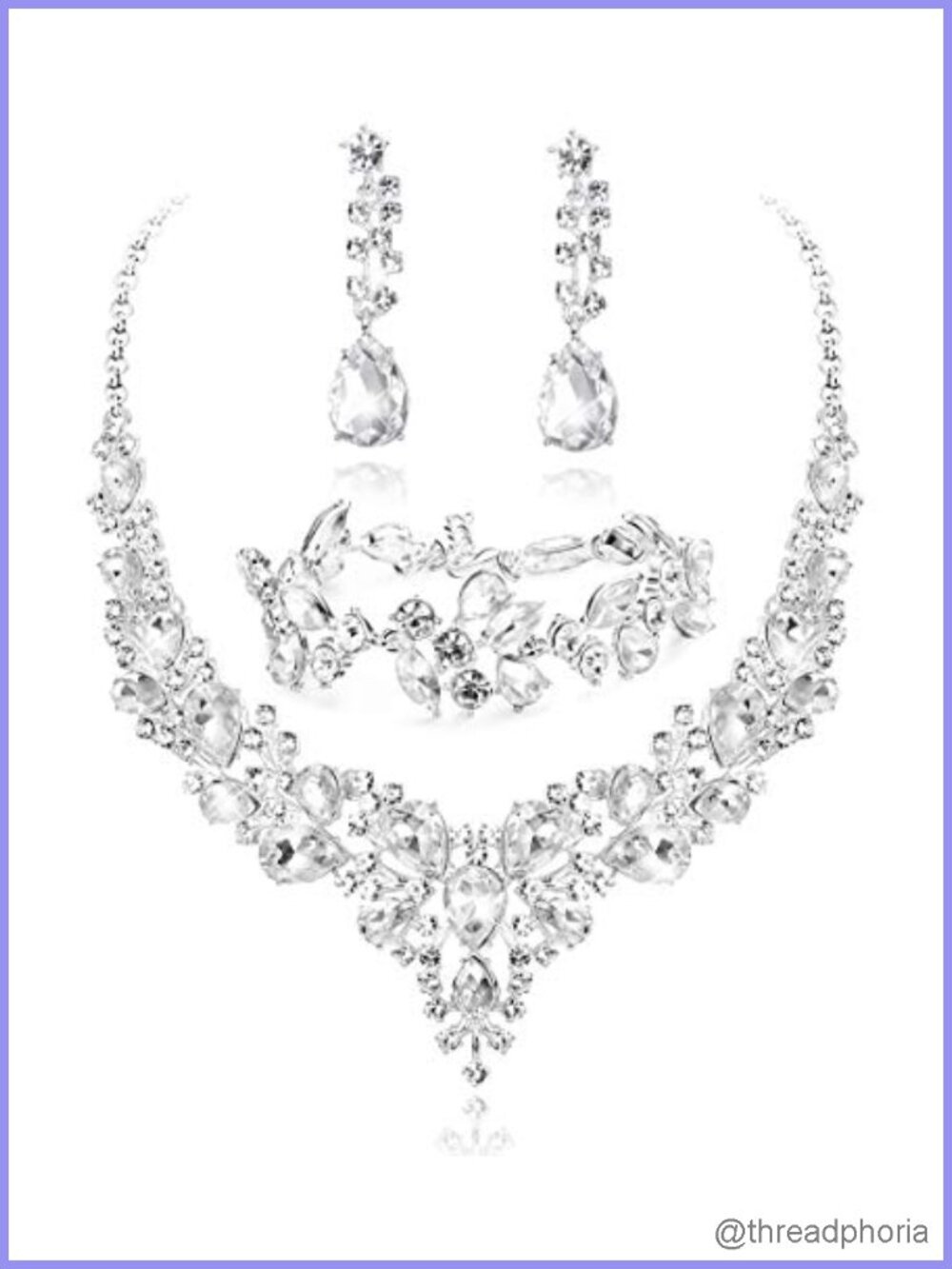 Teardrop Rhinestone Bridal Jewelry Set with Necklace Earrings & Bracelet